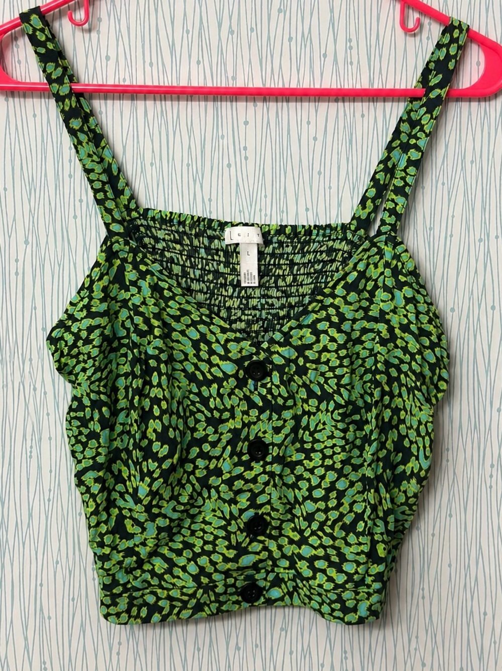 Leith Green Animal Print Crop Tank Top Button Front Smocked Back Size L NWT